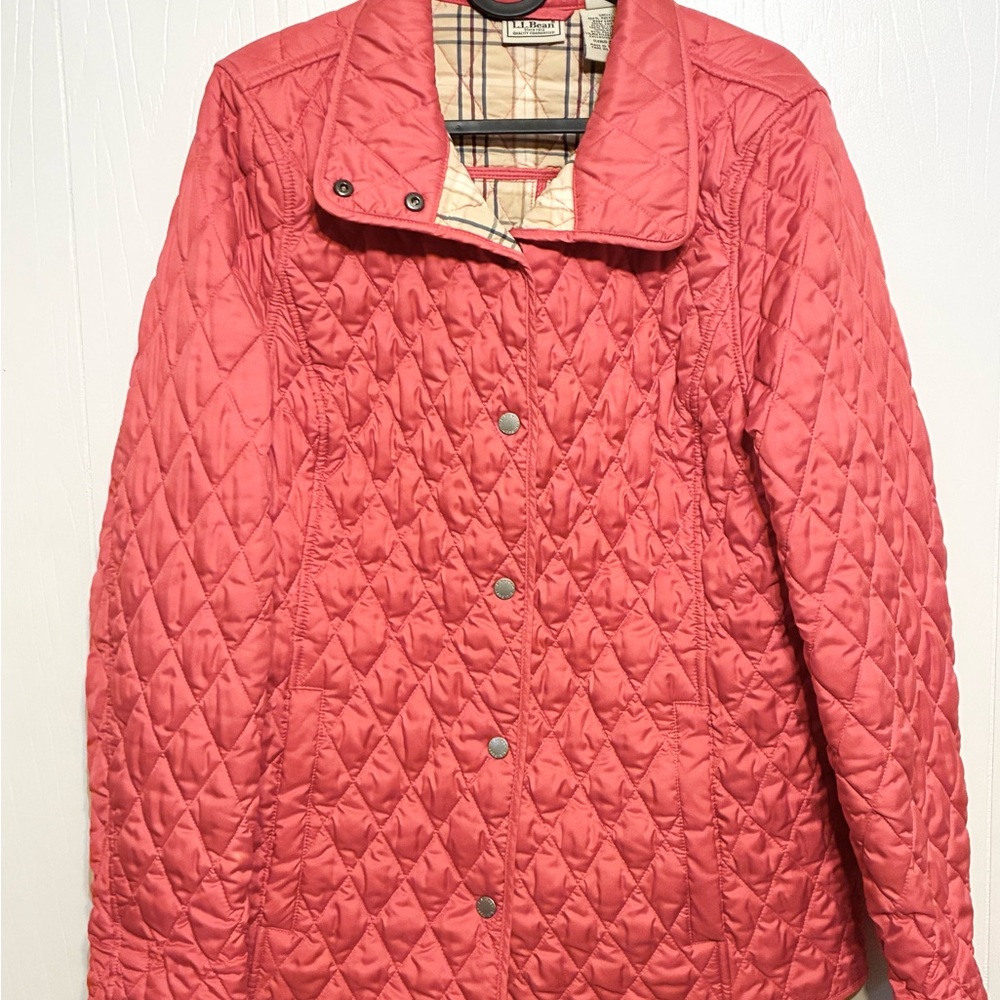 LL Bean Diamond Quilted Plaid Lining coral Women’s Riding Jacket Small 268156